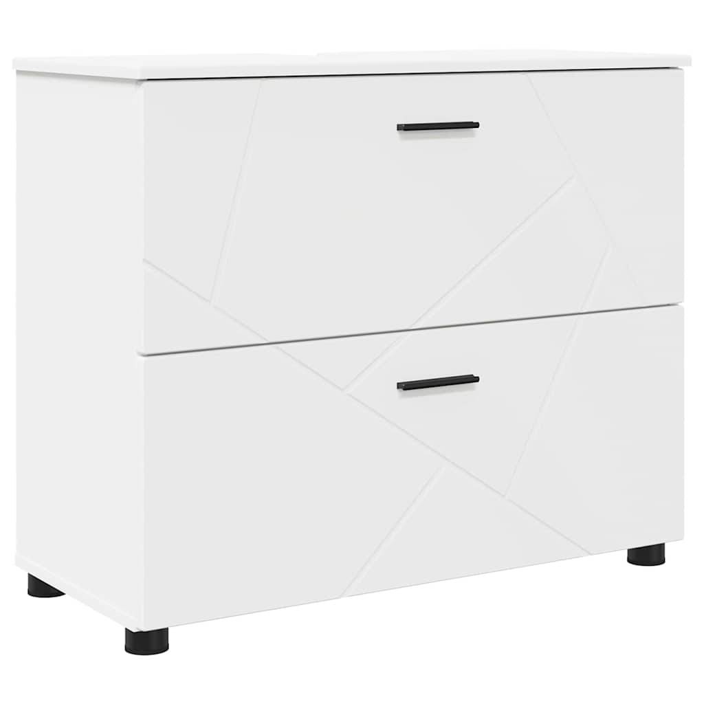 Weißer Schrank mit zwei Schubladen, geometrischen Frontpaneelen, schwarzen Griffen und kurzen schwarzen Beinen auf neutralem Hintergrund.