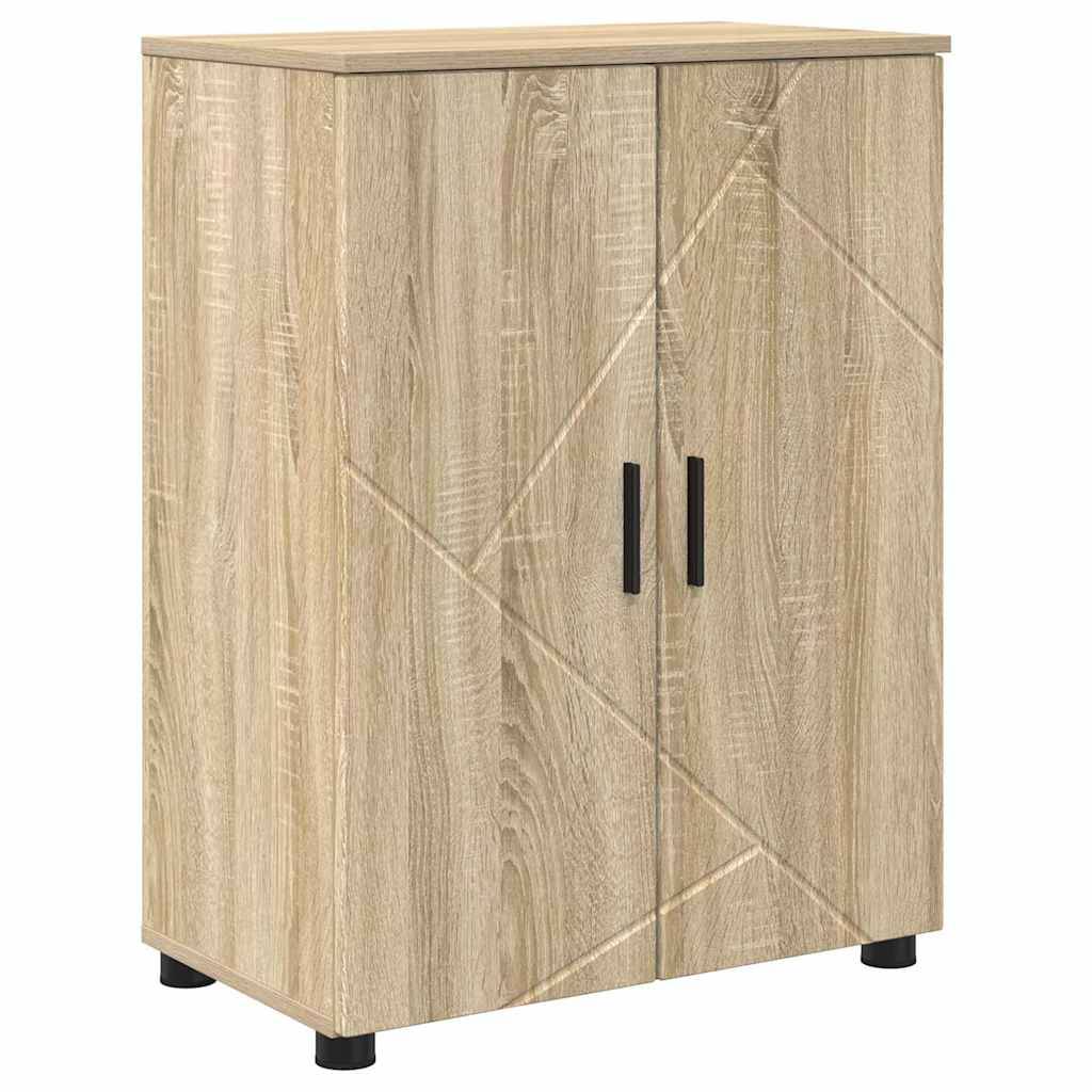 Holzschrank mit zwei Türen, geometrischen Mustern und schwarzen Griffen. Geeignet für die Organisation zu Hause oder im Büro.