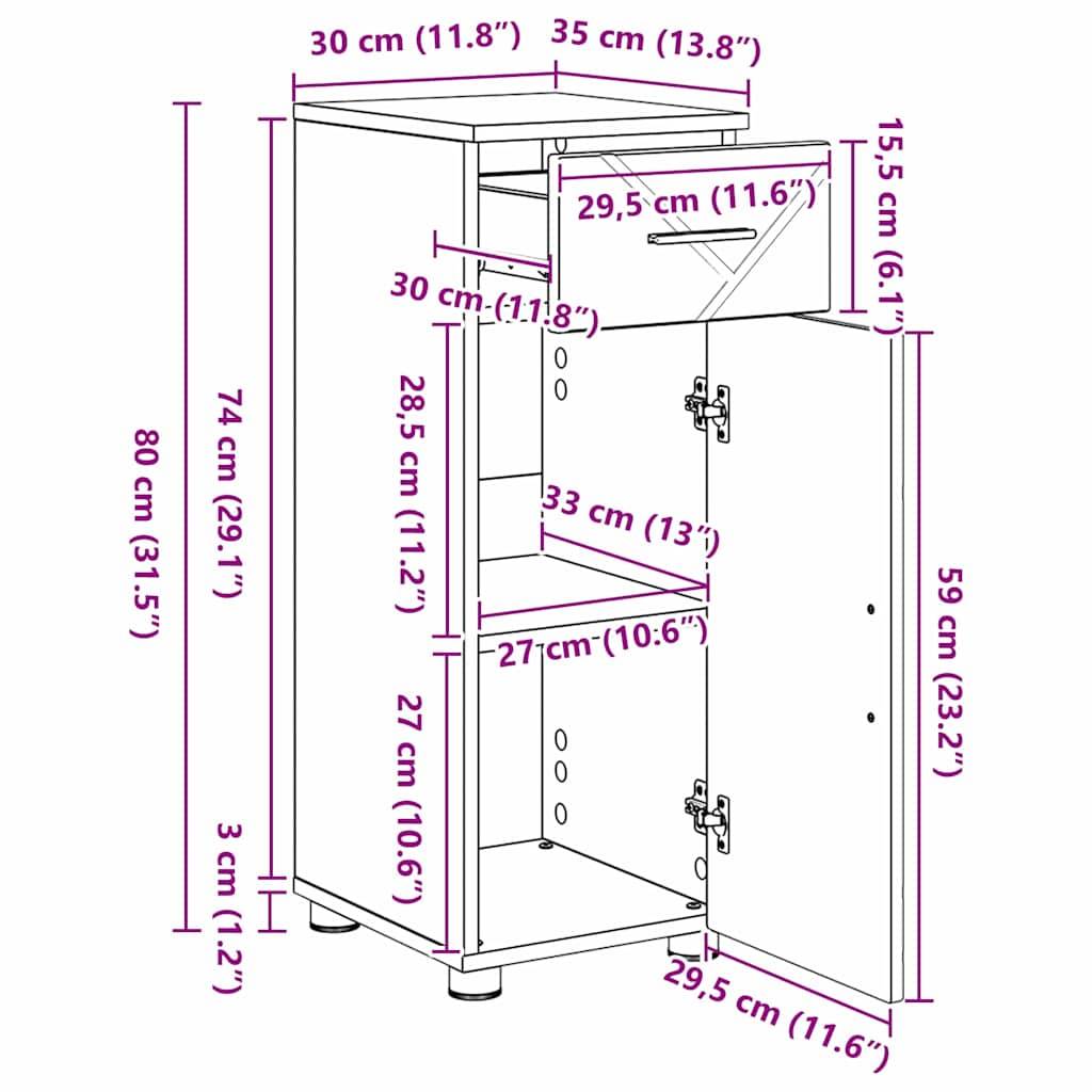 vidaXL Badezimmerschrank mit Schubladen Schwarz 30 x 35 x 80 cm