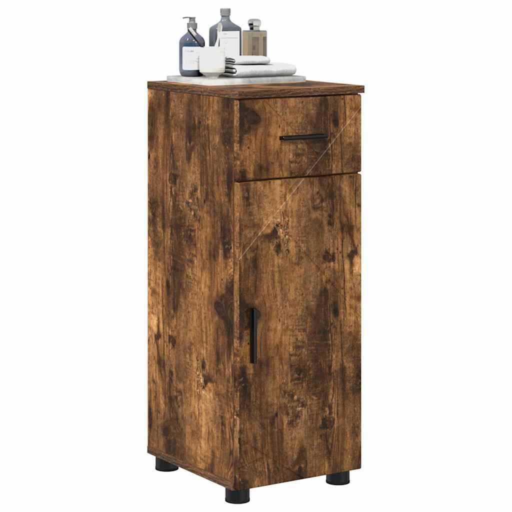 Holz-Badezimmerschrank mit rustikaler Oberfläche, ausgestattet mit einer Tür und einer Schublade. Er bietet Platz für Toilettenartikel und Handtücher auf der Ablagefläche.