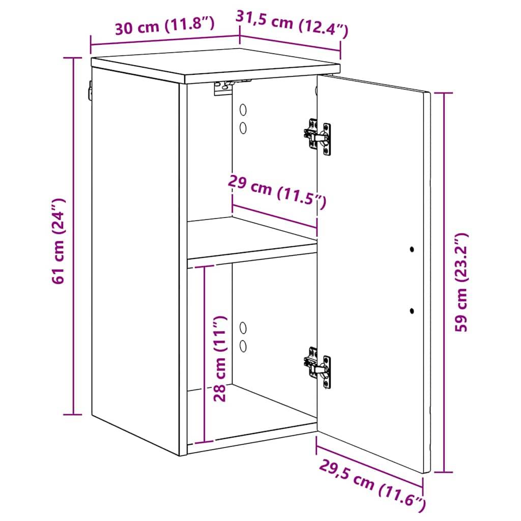 „Darstellung eines Schranks mit Abmessungen: Höhe 61 cm, Breite 31,5 cm, Tiefe 30 cm. Innere Regale sind 29 cm breit und 28 cm hoch.