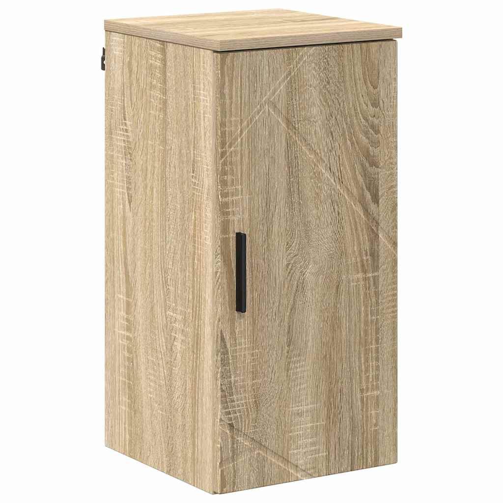 Heller Holzschrank mit einem geschlossenen schwarzen Griff auf der rechten Seite.