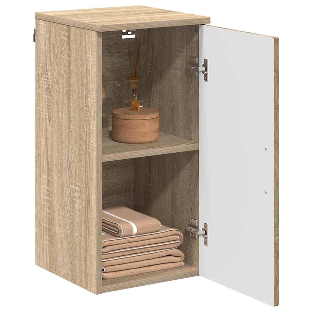 Geöffneter Holzschrank mit einem Regal, auf dem ein Satz gefalteter Handtücher und ein Holzbehälter mit Schilfstäbchen-Diffusoren platziert sind.