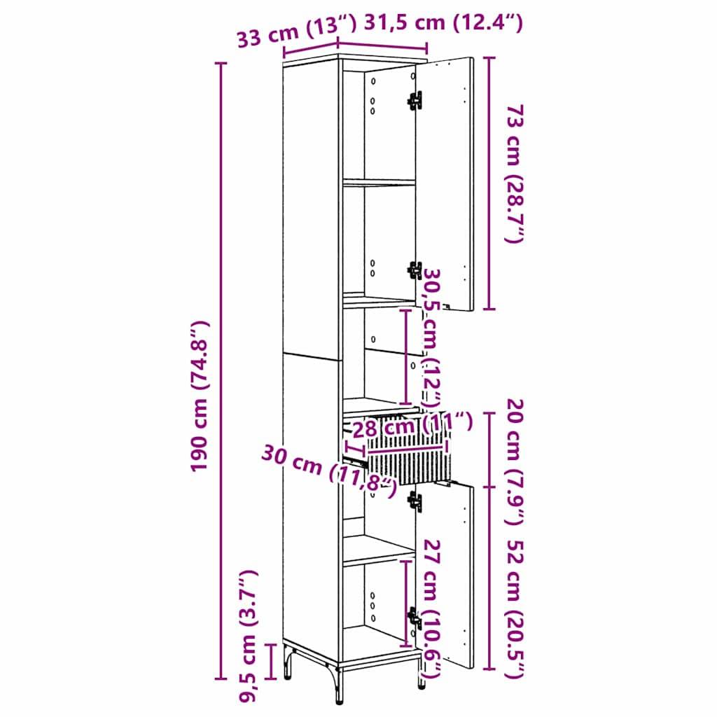 vidaXL Badezimmerschrank mit Speicher Graues Sonoma 31,5 x 33 x 190 cm