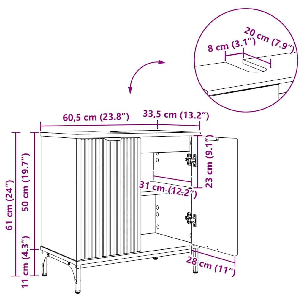 Schematische Darstellung eines Schranks mit Maßangaben: Höhe 61 cm, Breite 60,5 cm, Tiefe 33,5 cm. Innere Regale: Höhe 31 cm, Tiefe 28 cm.