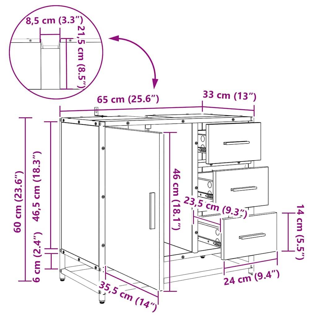 vidaXL Badezimmerschrank mit Tür Schwarz Eichen-Optik 65 x 33 x 60 cm