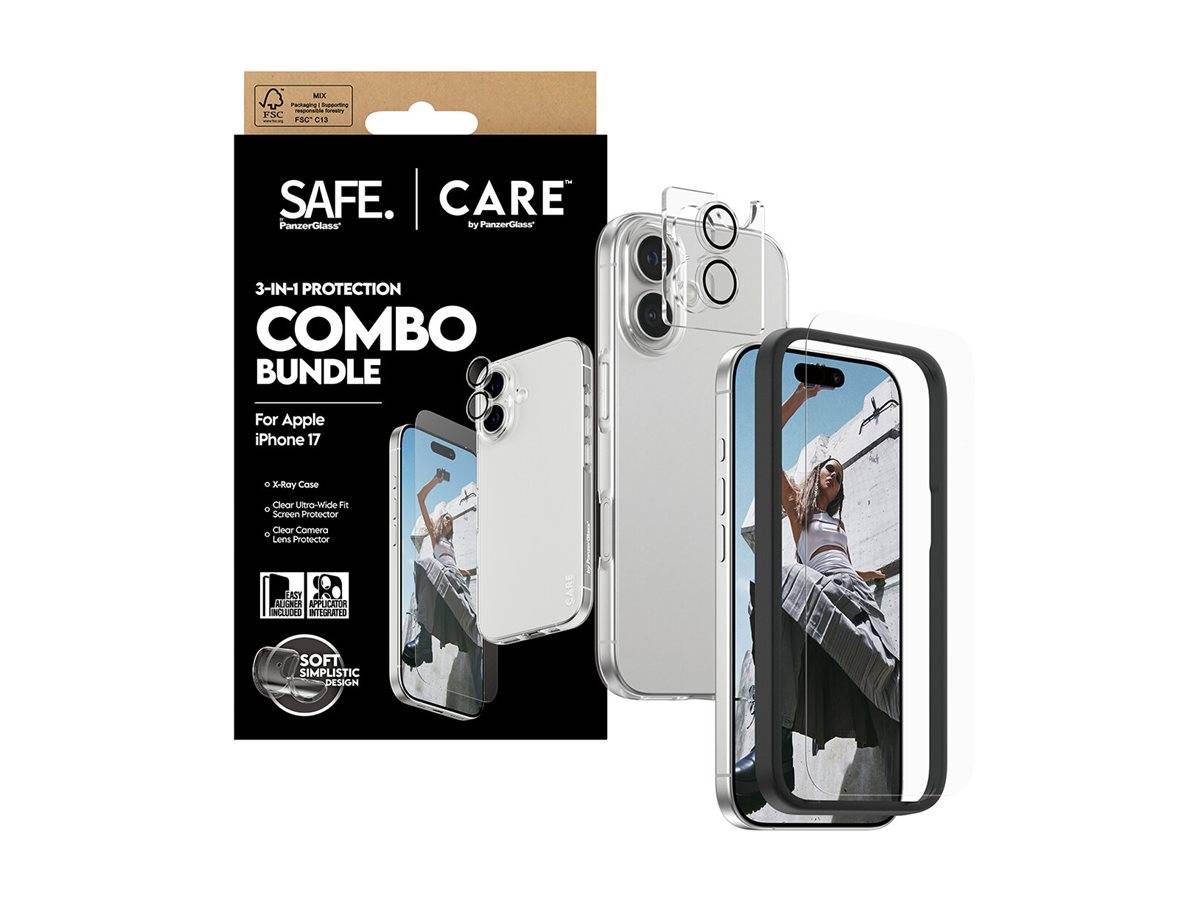 SAFE | CARE' 3-in-1 Schutzset für Apple iPhone 17 enthält ein Schutzetui, eine Kameraabdeckung und einen Displayschutz, präsentiert auf der Verpackung.