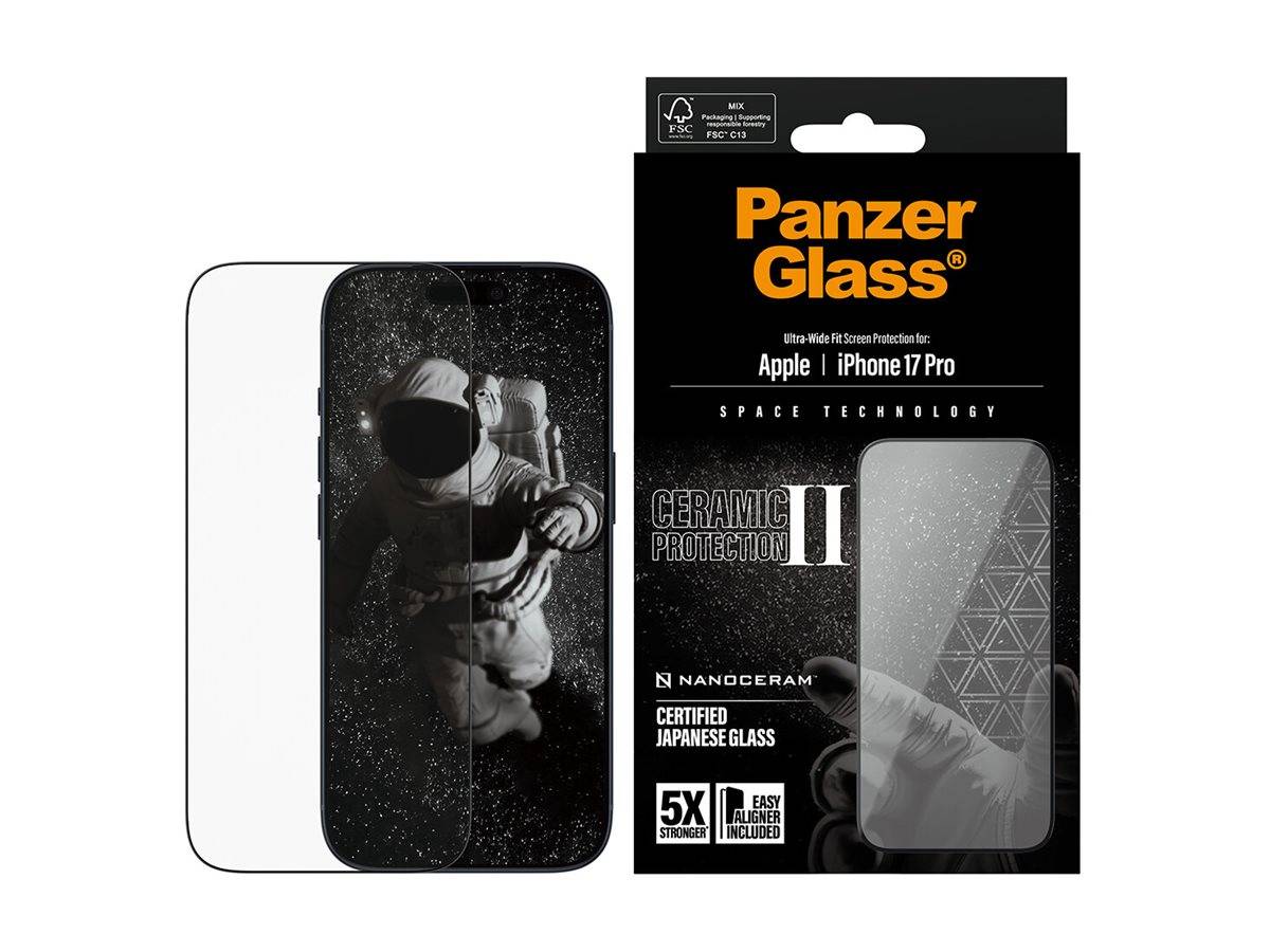 PanzerGlass Displayschutz für iPhone 17 Pro', mit einem Astronauten-Design auf der Verpackung. Hebt 'Ceramic Protection II' hervor.