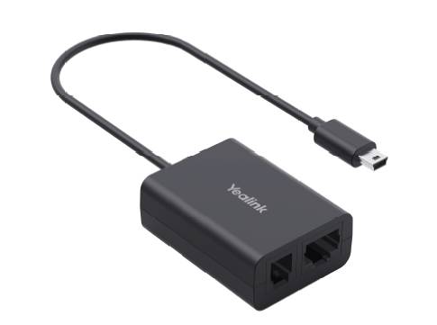 Schwarzer Yealink-Adapter mit kurzem USB-Kabel und zwei Ethernet-ähnlichen Anschlüssen