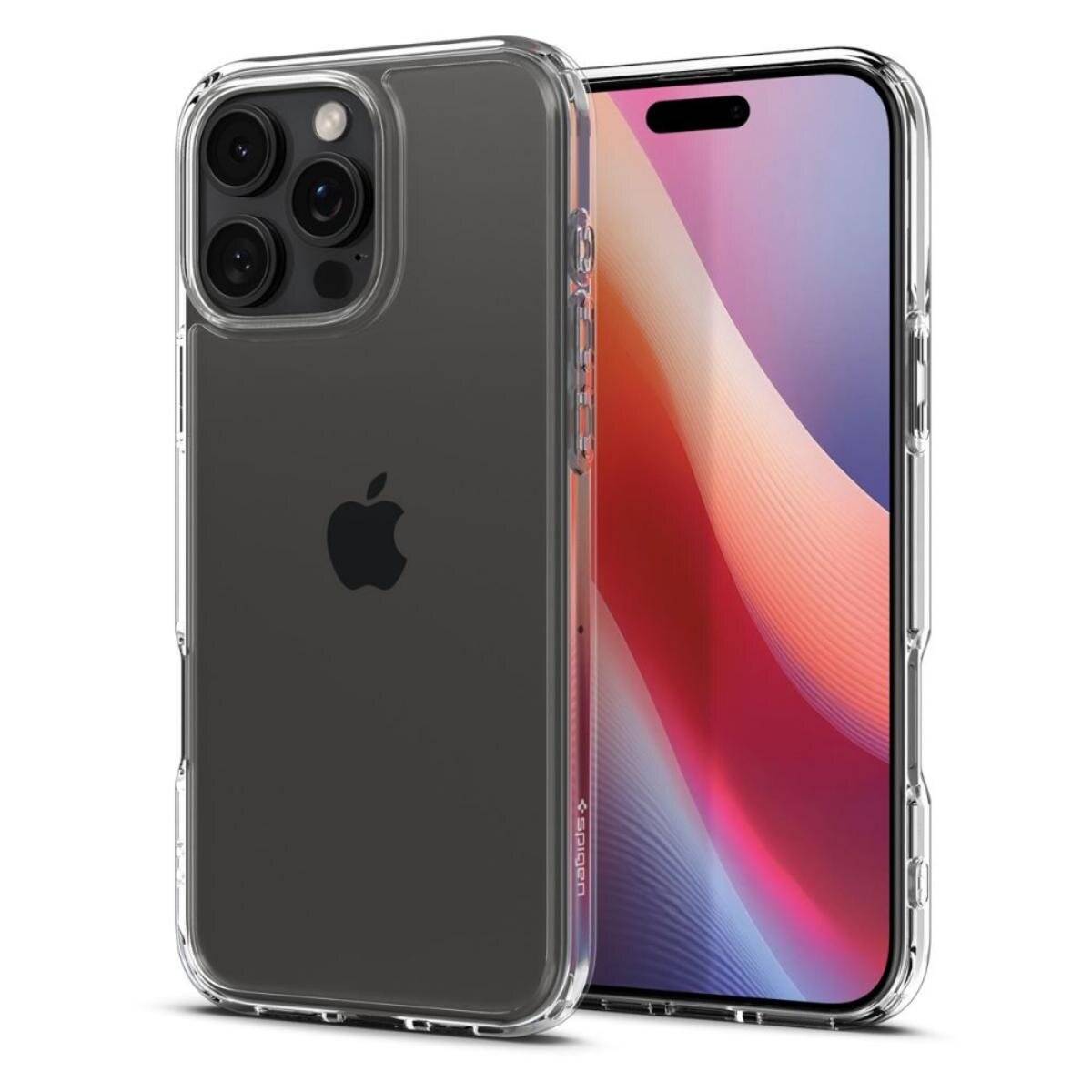 Ein Smartphone mit schwarzem Gehäuse und drei rückseitigen Kameras ist in einer transparenten Schutzhülle untergebracht und zeigt auf seinem Bildschirm ein buntes abstraktes Design.