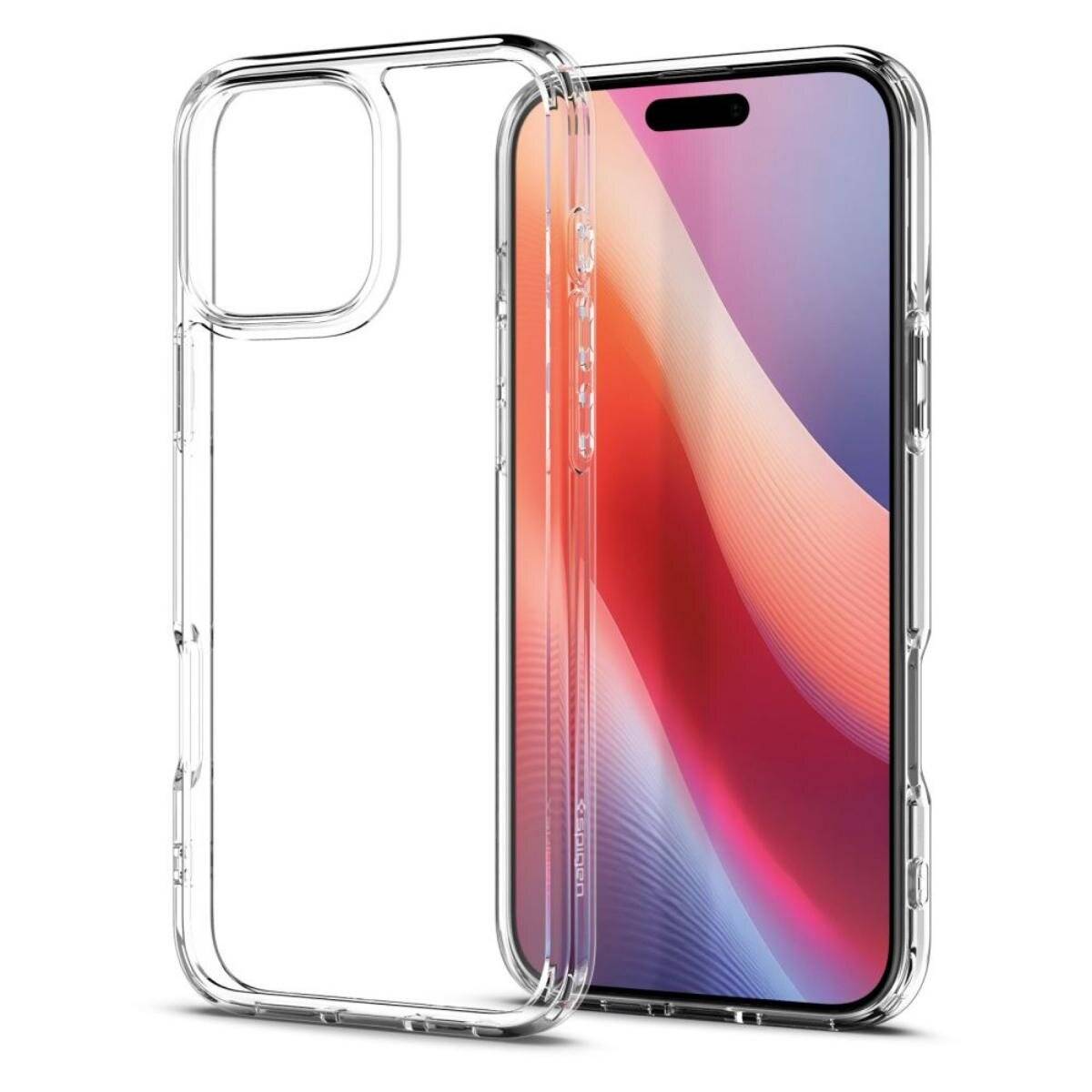 Ein durchsichtiges Handyhschutzhülle neben einem Smartphone, das ein farbenfrobes Wellenmuster auf dem Bildschirm anzeigt. Die Hülle ist transparent und schützend.
