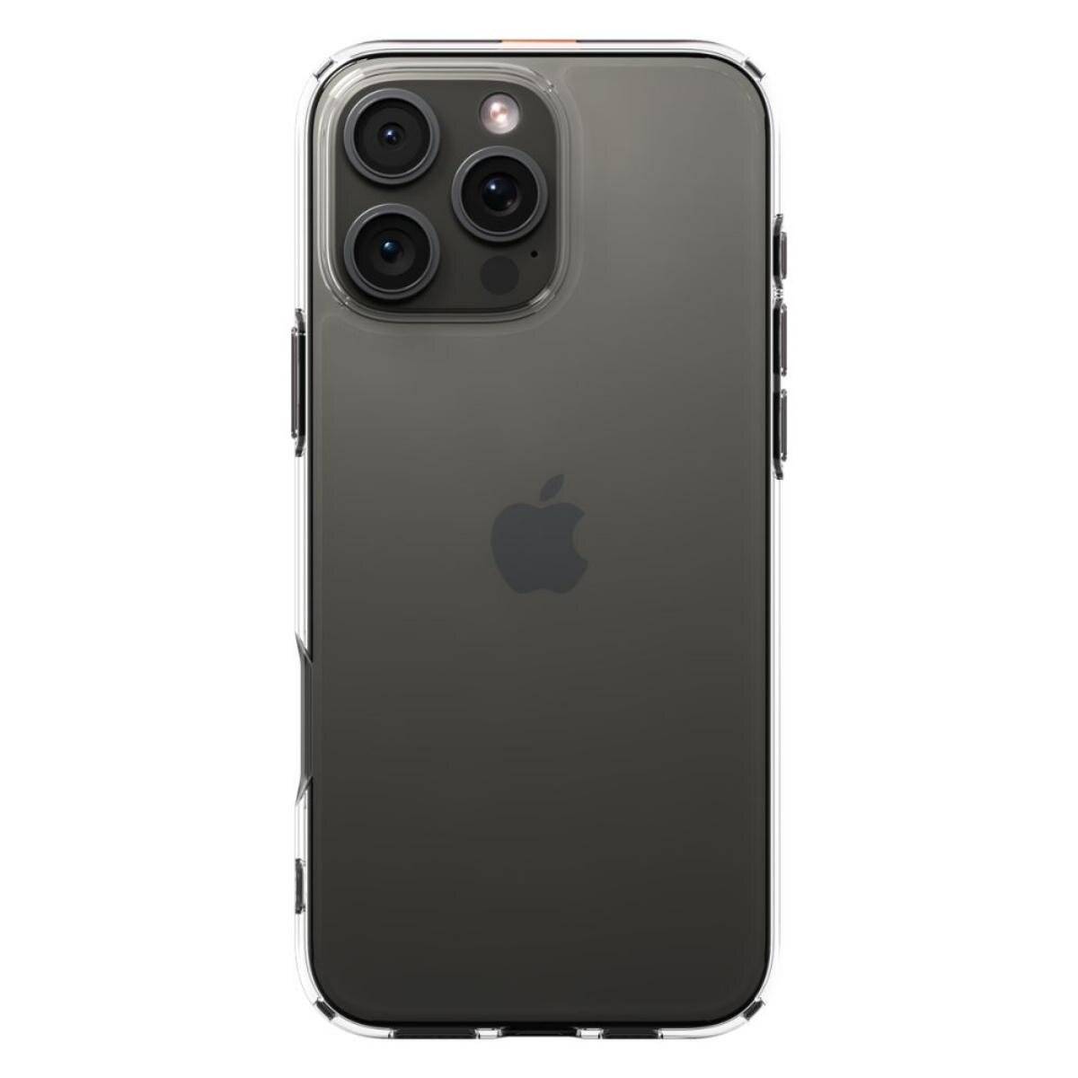 Ein Smartphone mit schwarzer Rückseite, das ein prominentes Kameramodul mit drei Linsen und das Apple-Logo in der Mitte aufweist.