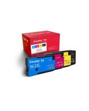 Satz Epson-kompatible Druckerpatronen und eine rote Schachtel mit schwarzer, cyan-, magenta- und gelber Druckertinte.