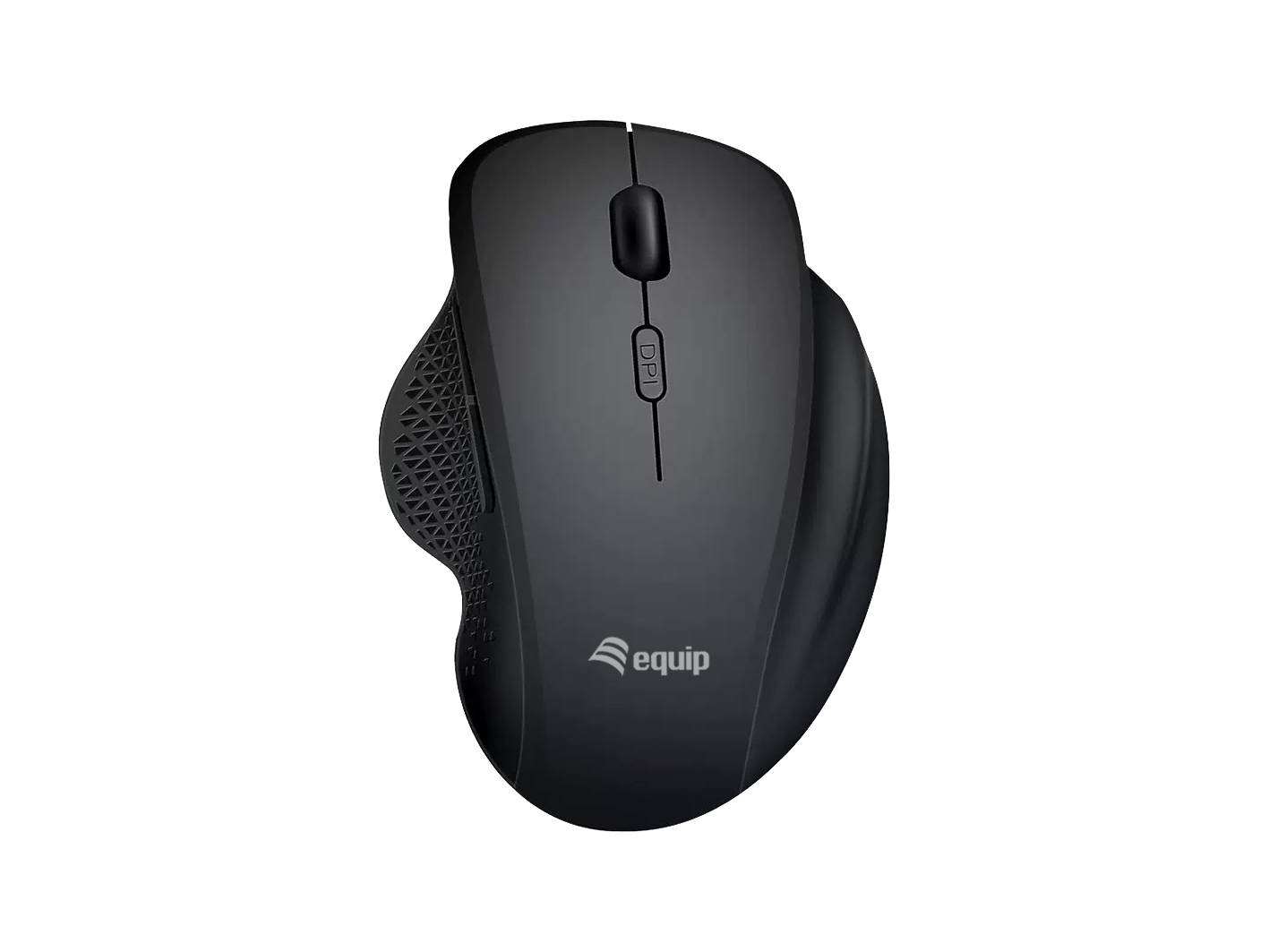 Eine schwarze ergonomische kabellose Maus mit zwei Tasten und einem Scrollrad, mit dem Markenlogo „equip