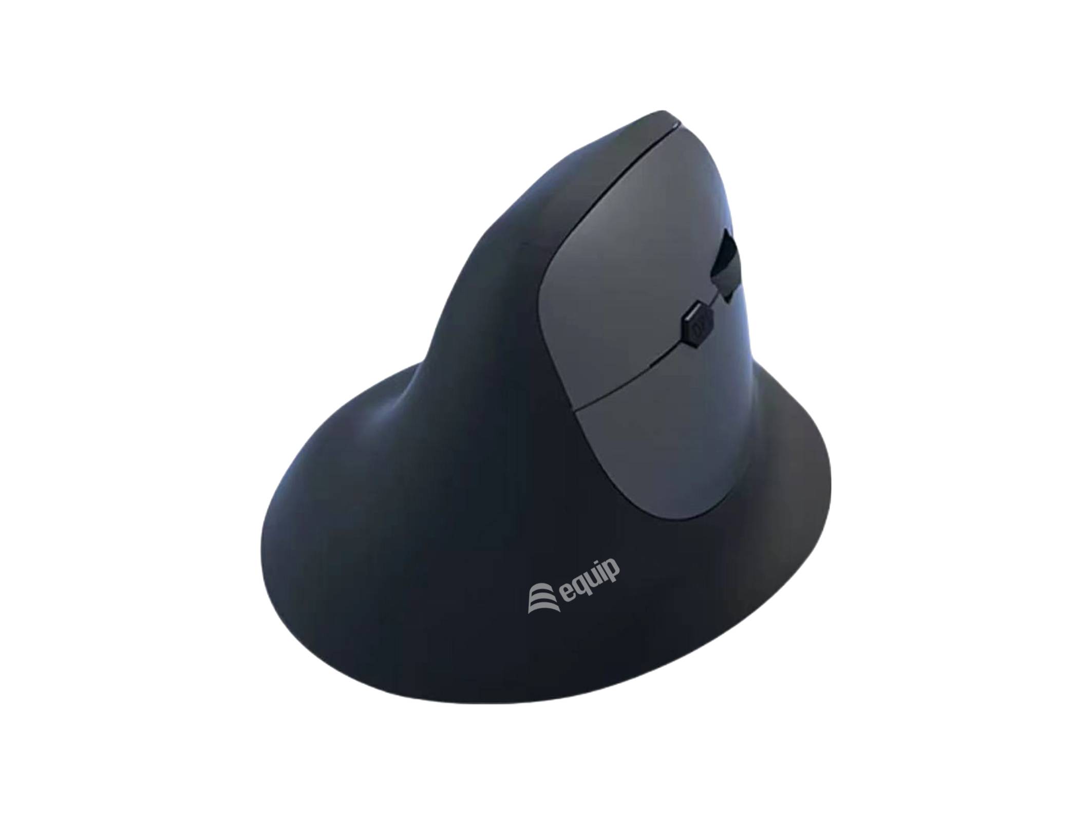 Ergonomische vertikale Maus in Schwarz und Grau, entwickelt zur Verringerung der Handgelenkbelastung, mit zwei Tasten und einem Scrollrad.