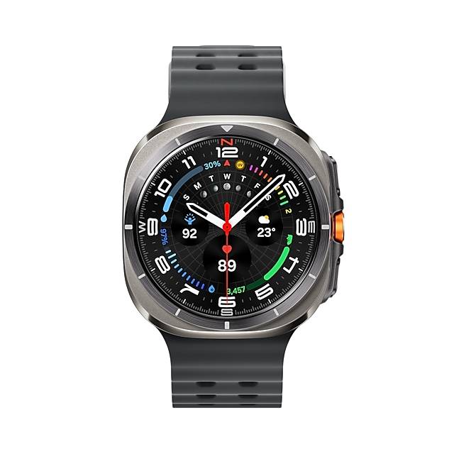Schwarze Smartwatch mit rundem digitalem Analogzifferblatt, das Gesundheits-, Wetter- und Aktivitätsdaten anzeigt, auf schwarzem Armband
