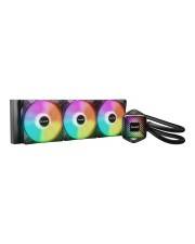 Ein Computer-Flüssigkühlsystem mit drei RGB-Lüftern und einer Pumpeneinheit, das farbenfrohe Beleuchtung für ein verbessertes visuelles Erscheinungsbild bietet.