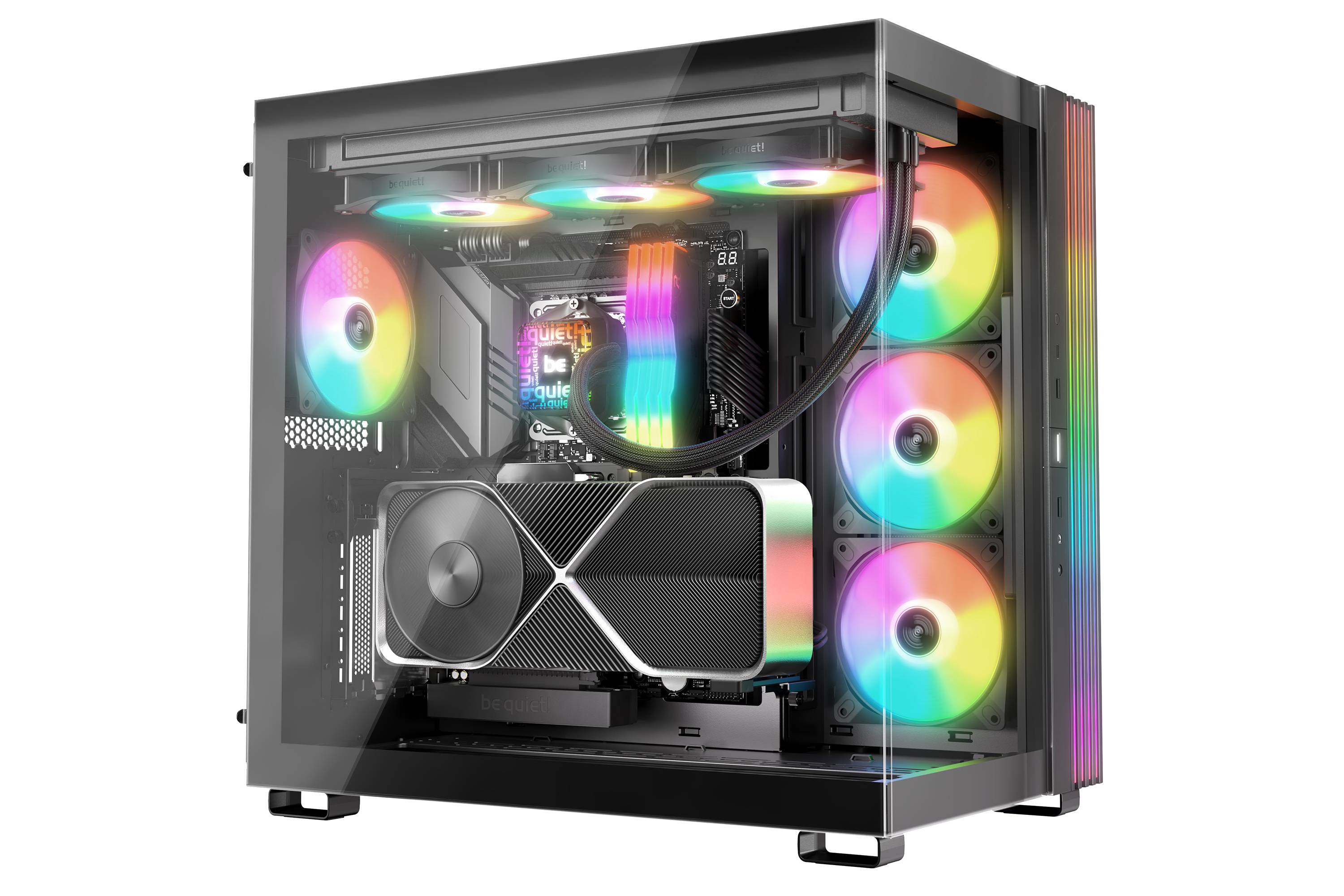 Benutzerdefinierter Gaming-PC-Tower mit gehärtetem Glasseitenpanel, RGB-beleuchteten Lüftern und Komponenten sowie einer großen Grafikkarte im Inneren sichtbar.
