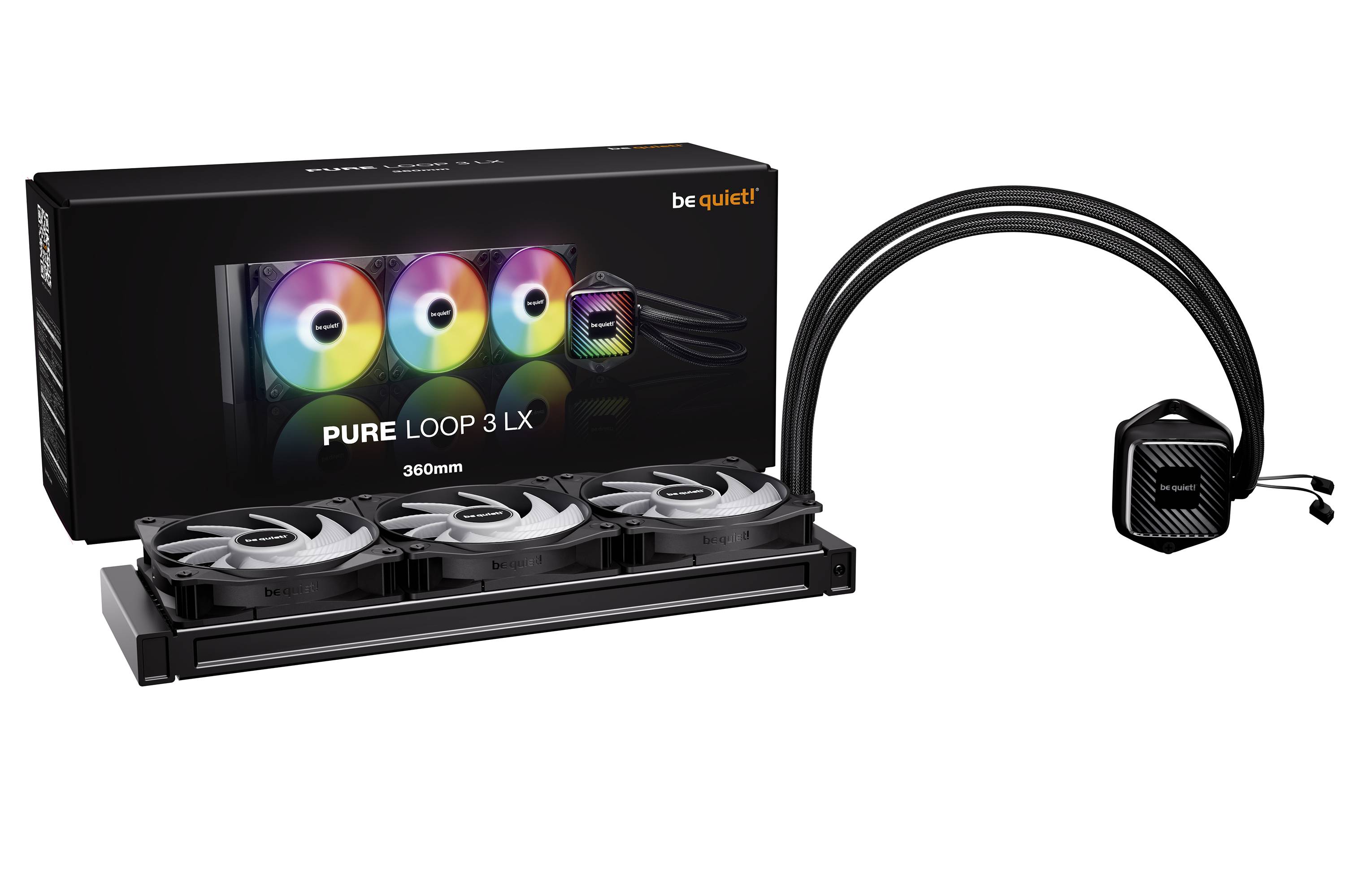 Sei still! PURE LOOP 3 LX 360mm Flüssig-CPU-Kühler mit drei RGB-Lüftern, Radiator, Pumpe und Verpackung auf weißem Hintergrund