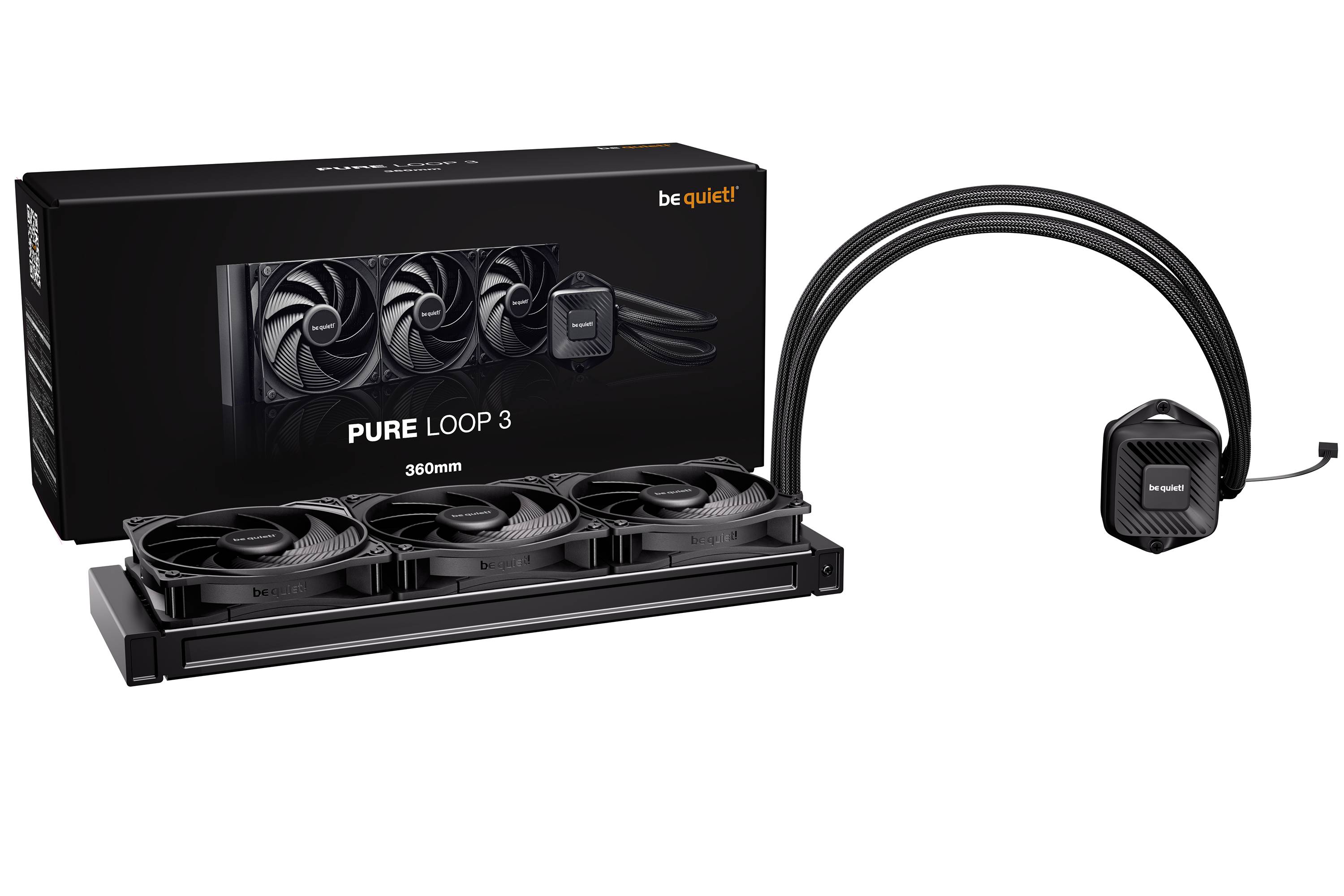 Be Quiet! Pure Loop 3 360mm All-in-One Flüssigkeitskühler für die CPU mit drei Lüftern, Radiator, Pumpe und Schläuchen, gezeigt mit Einzelhandelskarton.
