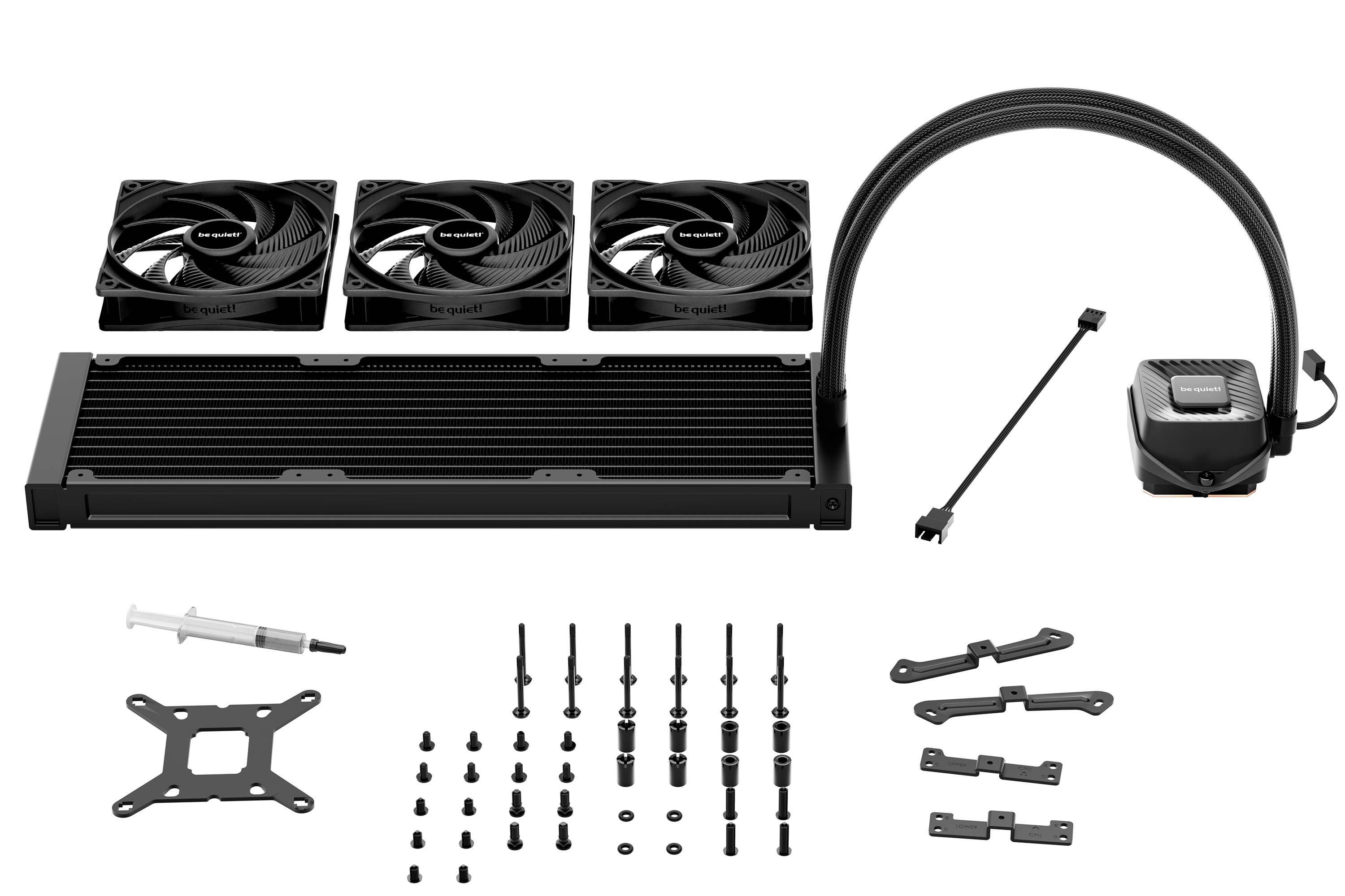 All-in-One Flüssig-CPU-Kühler-Set mit Radiator, drei Lüftern, Pumpenblock, Schläuchen, Montageklammer, Schrauben und Kabelzubehör.