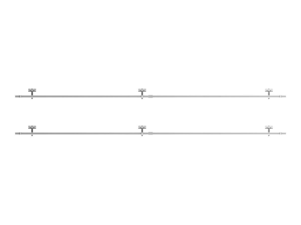 Zwei parallele, horizontale Metallstangen mit einer kleinen vertikalen Befestigung in der Mitte jeder Stange. Minimalistisches Industriedesign auf weißem Hintergrund.