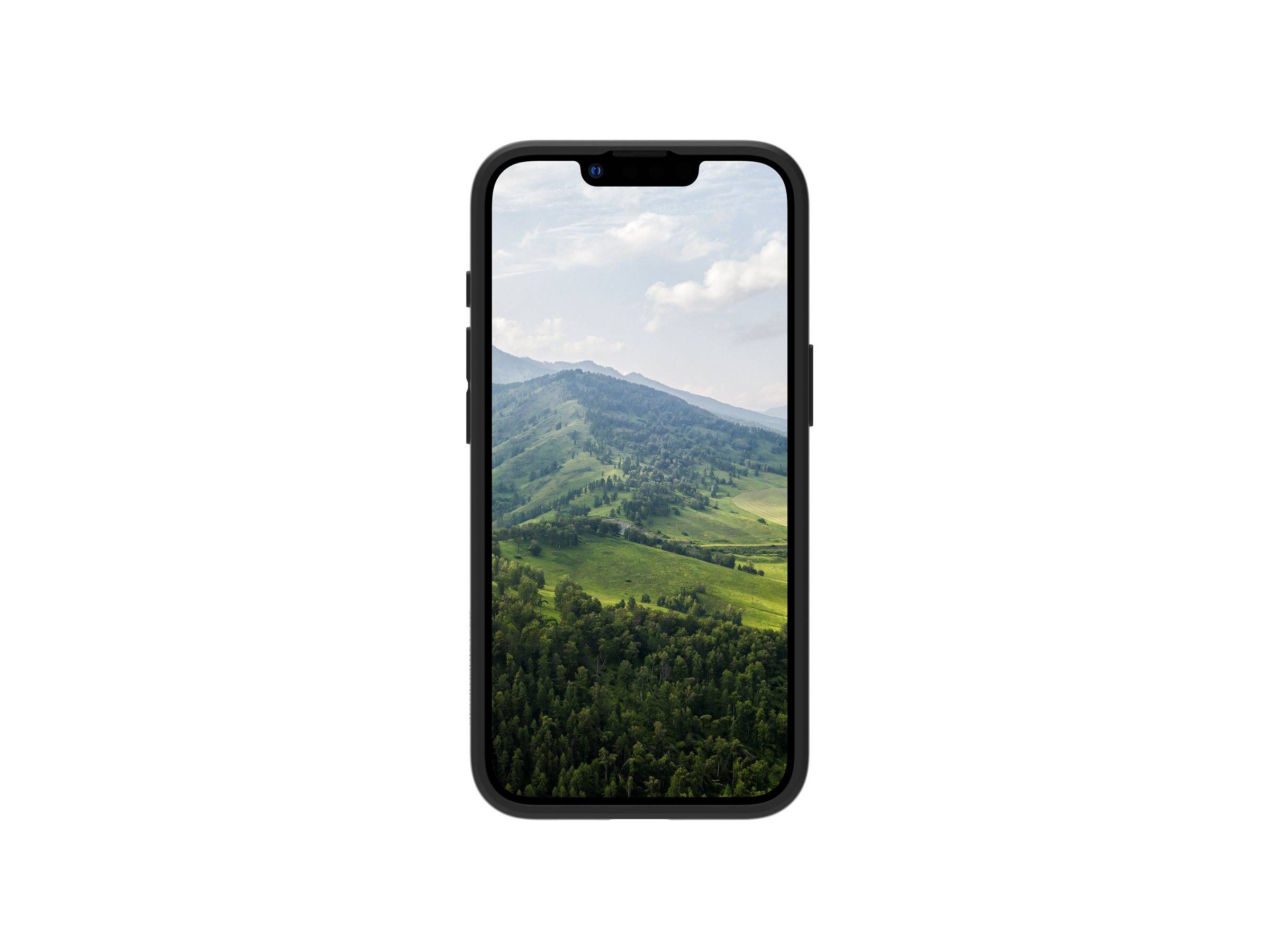 Ein Smartphone, das eine malerische Berglandschaft mit grünen Hügeln und bewölktem Himmel anzeigt.