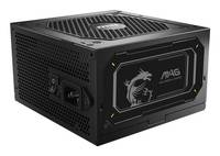 Schwarzes ATX-Computernetzteil mit belüftetem Deckel, modularen Kabelanschlüssen und AG-Logo auf der Frontplatte.