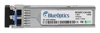 BlueOptics 10G Netzwerk-Transceiver-Modul in einem Metallgehäuse mit schwarzem Stecker und Etikett mit Modellbezeichnung und Zertifizierungszeichen.