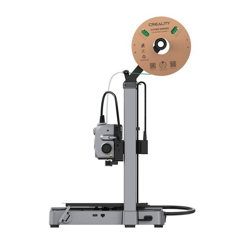 Ein vertikaler 3D-Drucker mit einem grauen Rahmen hat eine braune Filamentspule mit der Aufschrift „Hyper Series