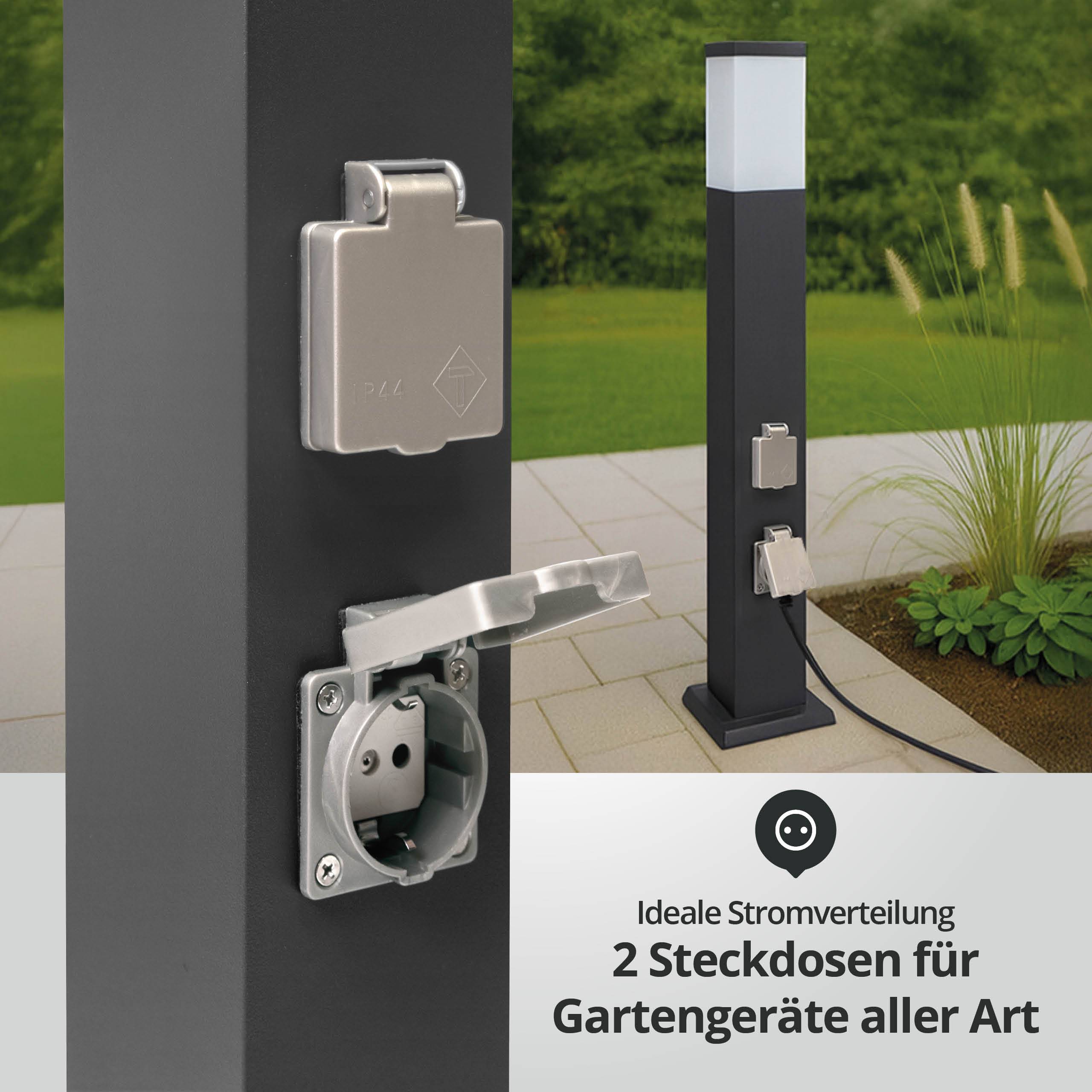 LED Universum LED Wegeleuchte eckig 80cm mit Bewegungsmelder und 2 Steckdosen anthrazit