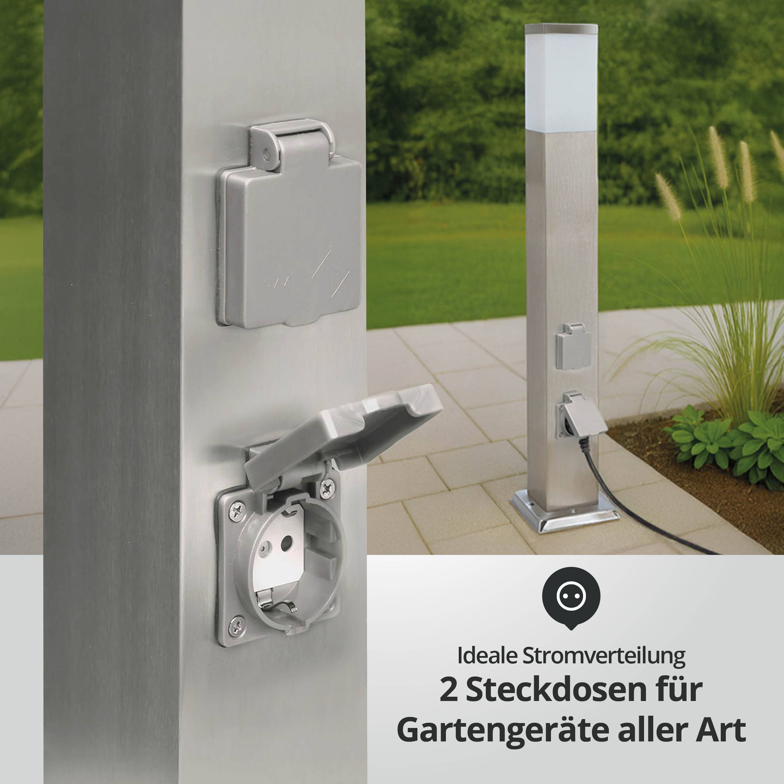 LED Universum LED Wegeleuchte mit 2 Steckdosen + Dämmerungssensor silber