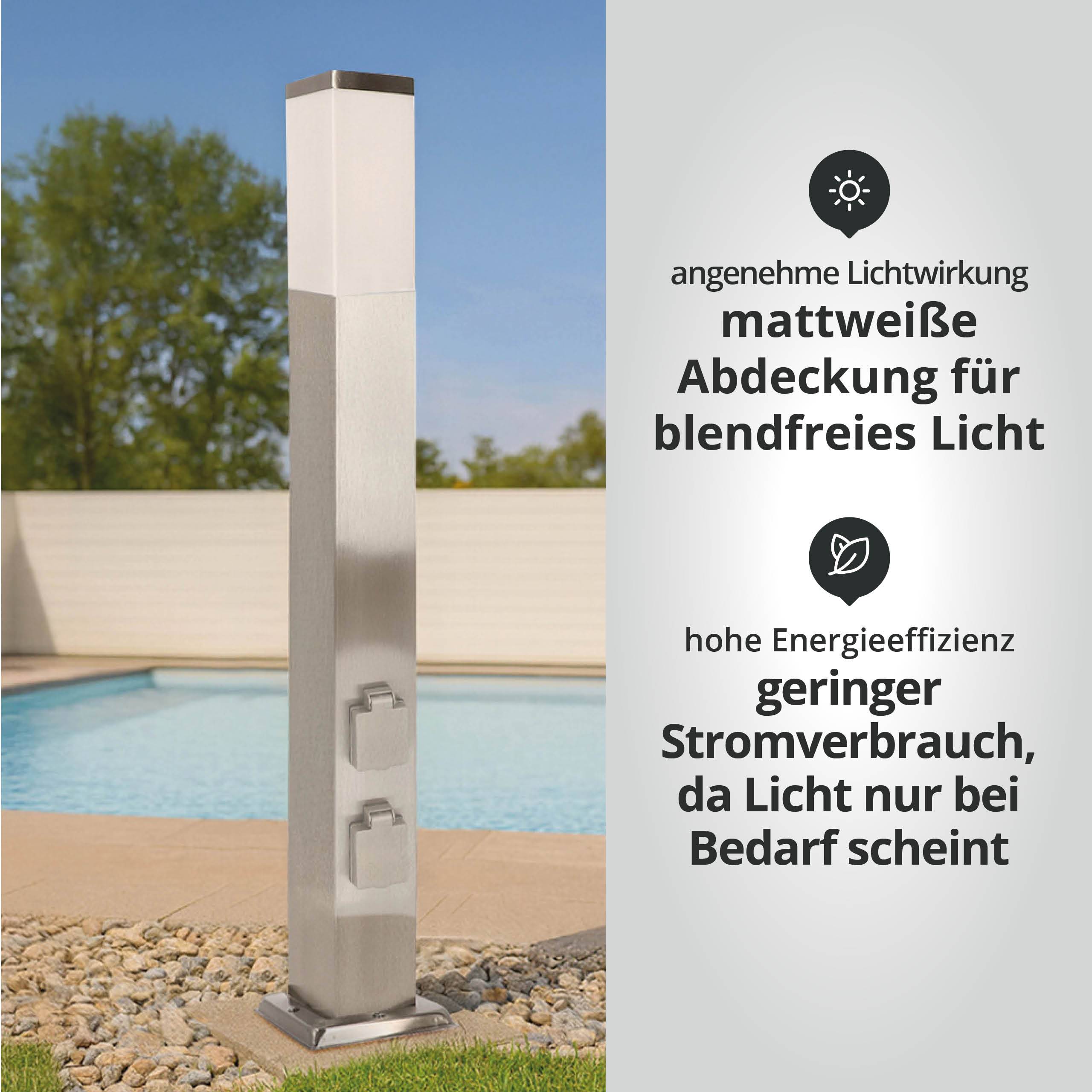 LED Universum LED Wegeleuchte mit 2 Steckdosen + Dämmerungssensor silber