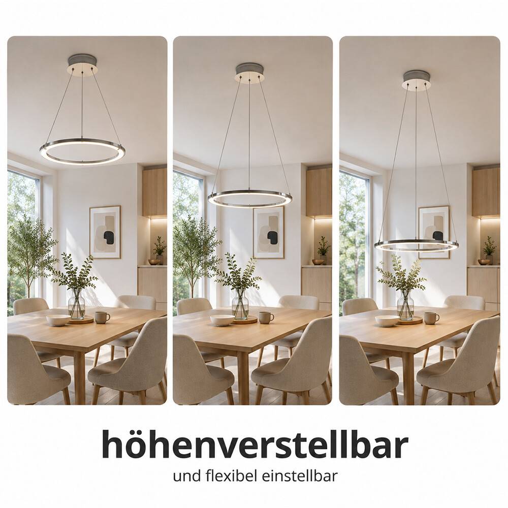 Drei Ansichten einer verstellbaren Ring-Hängeleuchte über einem Esstisch, die angehoben, gesenkt und geneigt gezeigt wird; deutscher Text besagt „höhenverstellbar und flexibel einstellbar