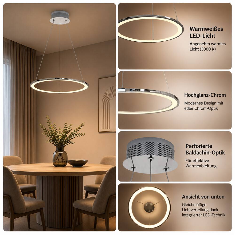 Modernes ringförmiges Hängeleuchten-Pendant über einem Esstisch, mit eingeblendeten Beschriftungen in Deutsch, die warmweiße LED-Beleuchtung, Chromfinish, durchbrochenes Baldachin und Unteransicht hervorheben.