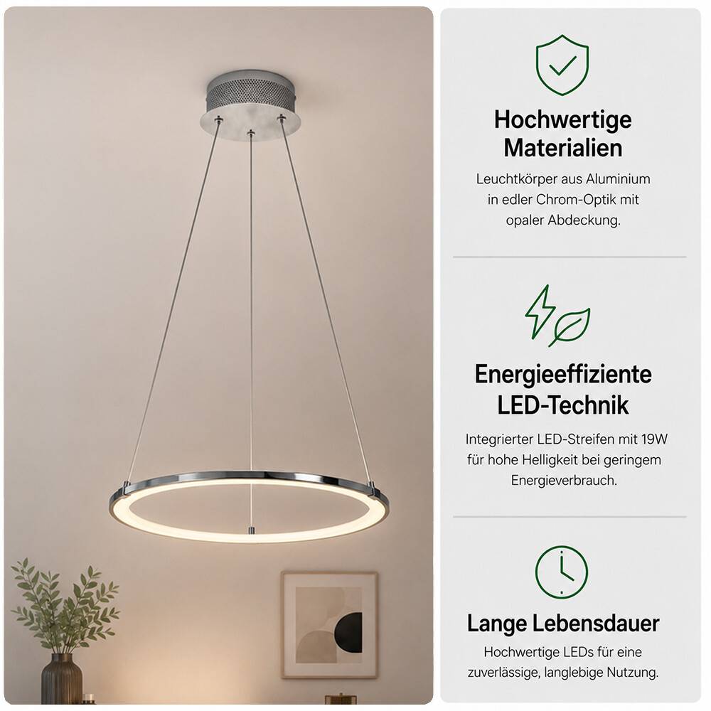 Moderne hängende Pendelleuchte an dünnen Kabeln in einem Raum; ein Seitenpanel hebt „Hochwertige Materialien