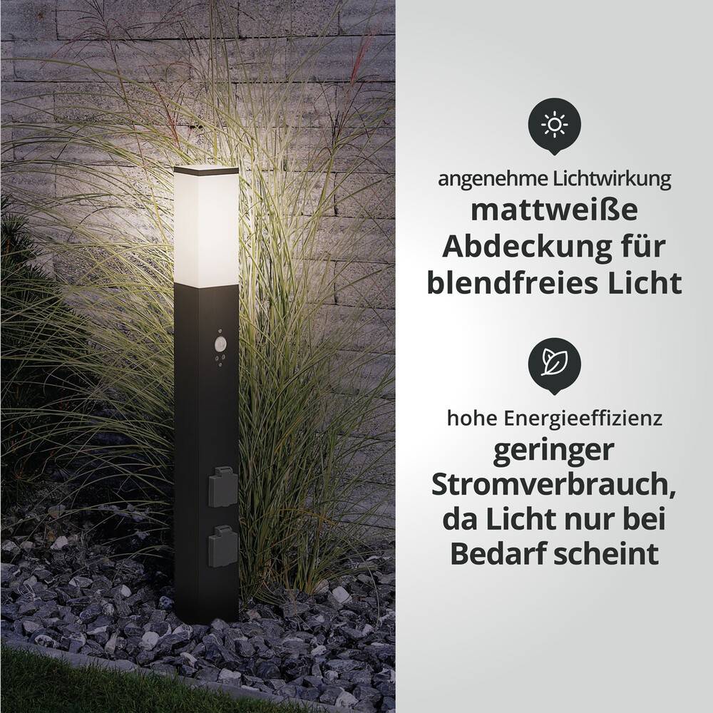 LED Universum LED Wegeleuchte eckig 80cm mit Bewegungsmelder und 2 Steckdosen anthrazit