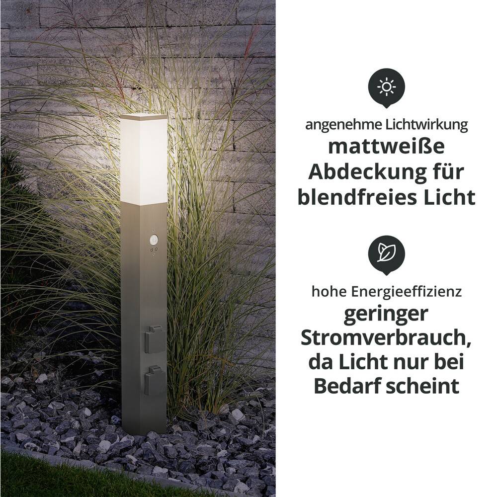 LED Universum LED Wegeleuchte eckig 80cm mit Bewegungsmelder und 2 Steckdosen silber