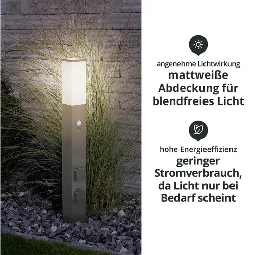 LED Universum LED Wegeleuchte eckig 80cm mit Bewegungsmelder und 2 Steckdosen silber LED Universum LED Wegeleuchte eckig 80cm mit Bewegungsmelder und 2 Steckdosen silber