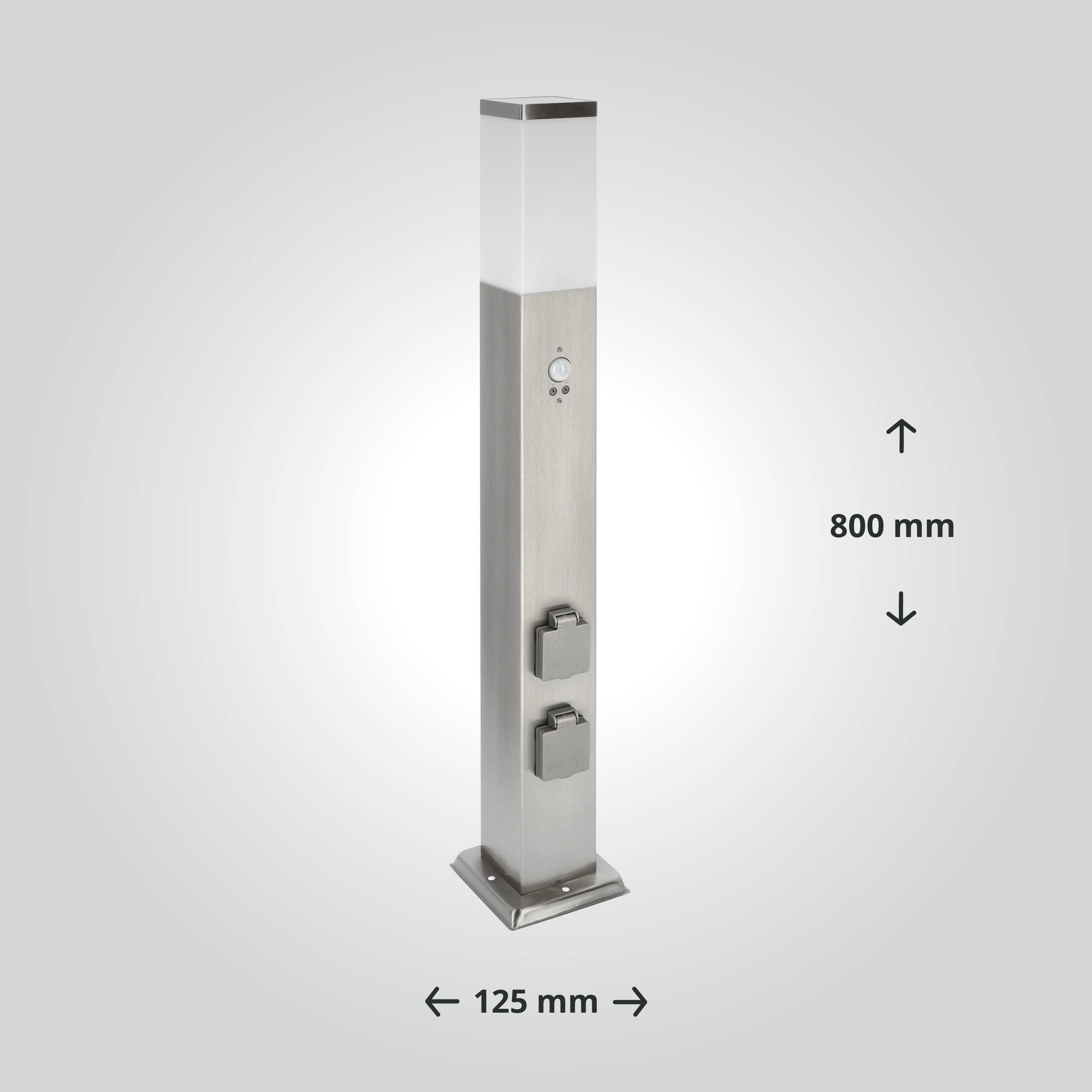 LED Universum LED Wegeleuchte eckig 80cm mit Bewegungsmelder und 2 Steckdosen silber