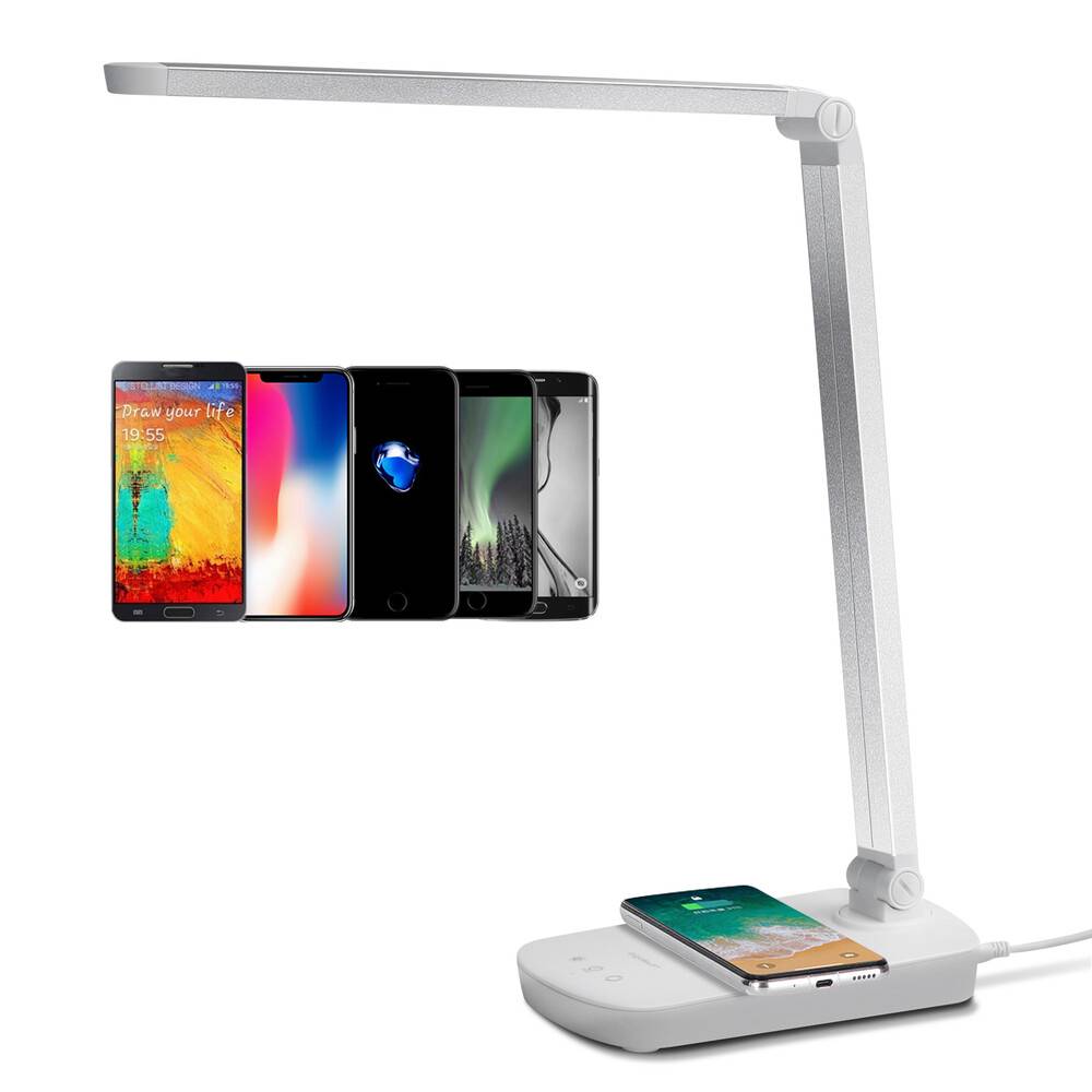 LED Universum LED Schreibtischlampe Tischleuchte 5W dimmbar mit USB-Anschluß und QI-wireless Charging Ladeschale silber CCT 2700K-6400K 200lm