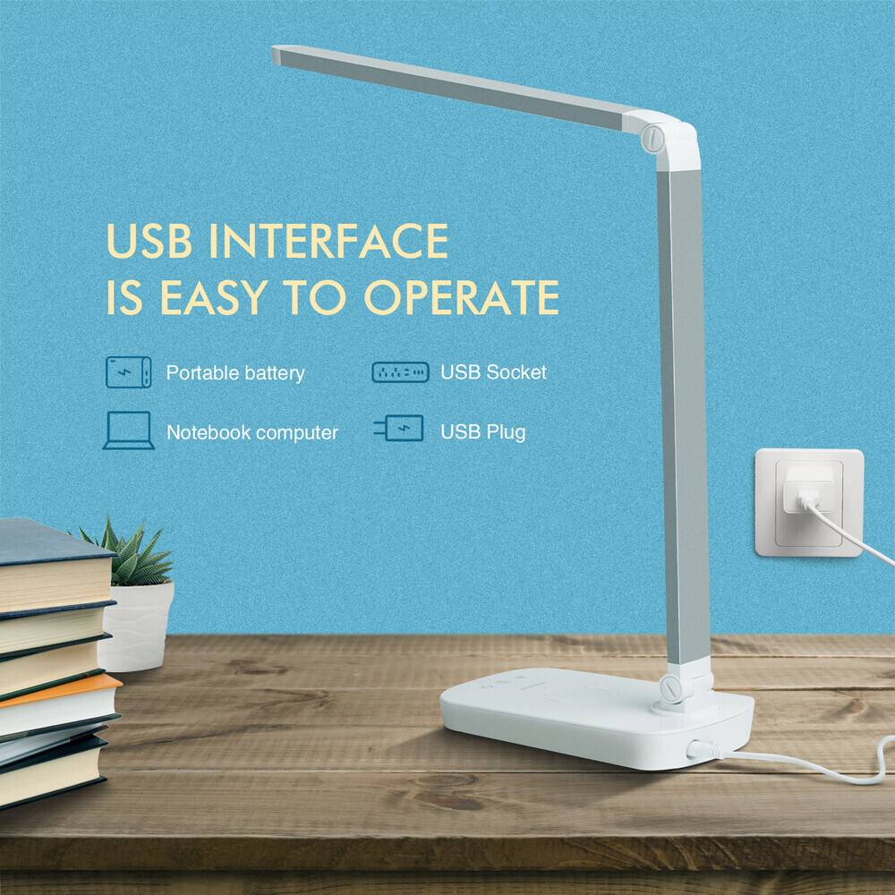 LED Universum LED Schreibtischlampe Tischleuchte 5W dimmbar mit USB-Anschluß und QI-wireless Charging Ladeschale silber CCT 2700K-6400K 200lm