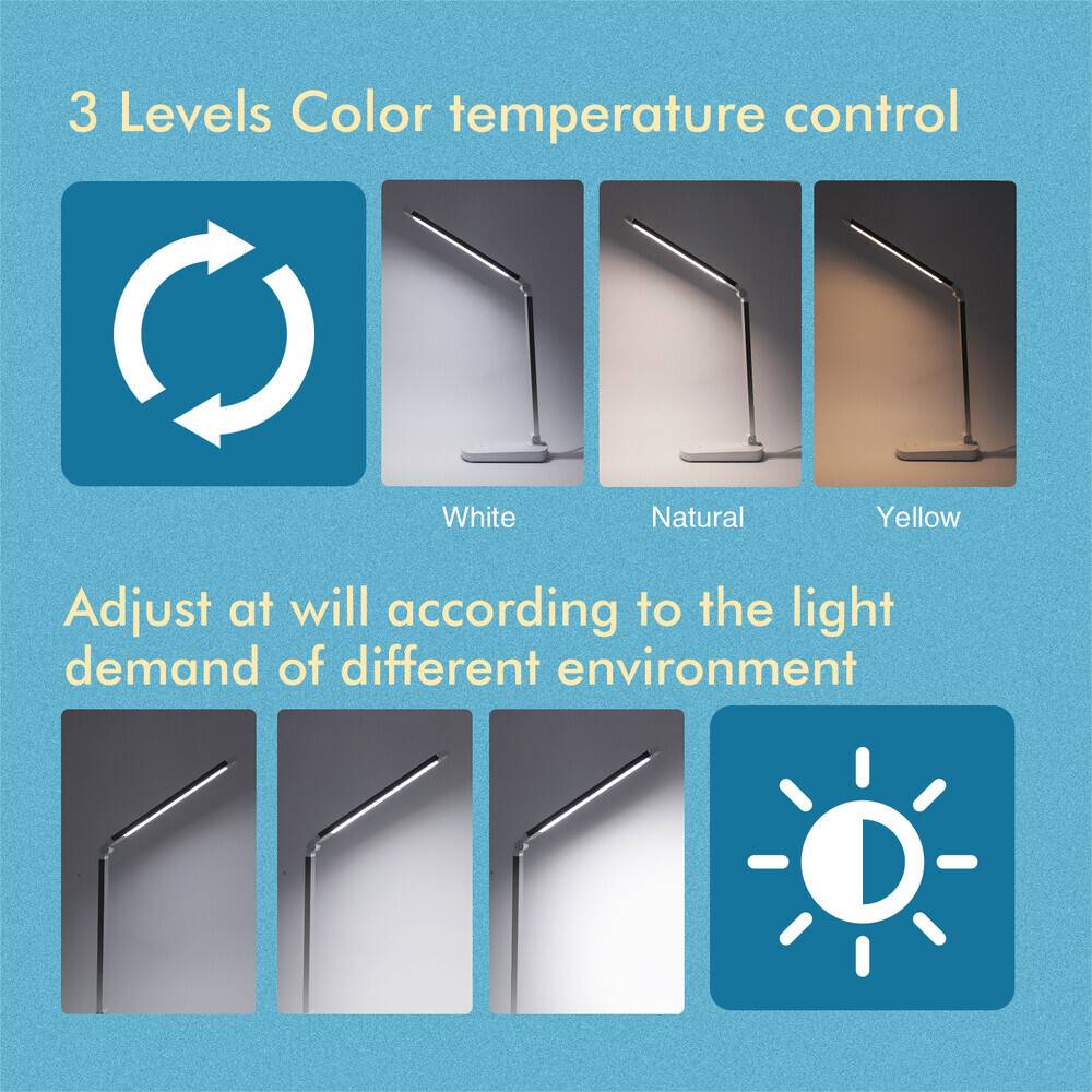 LED Universum LED Schreibtischlampe Tischleuchte 5W dimmbar mit USB-Anschluß und QI-wireless Charging Ladeschale silber CCT 2700K-6400K 200lm