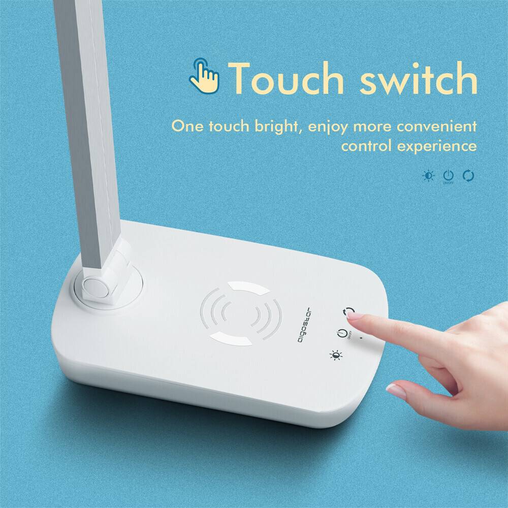 LED Universum LED Schreibtischlampe Tischleuchte 5W dimmbar mit USB-Anschluß und QI-wireless Charging Ladeschale silber CCT 2700K-6400K 200lm