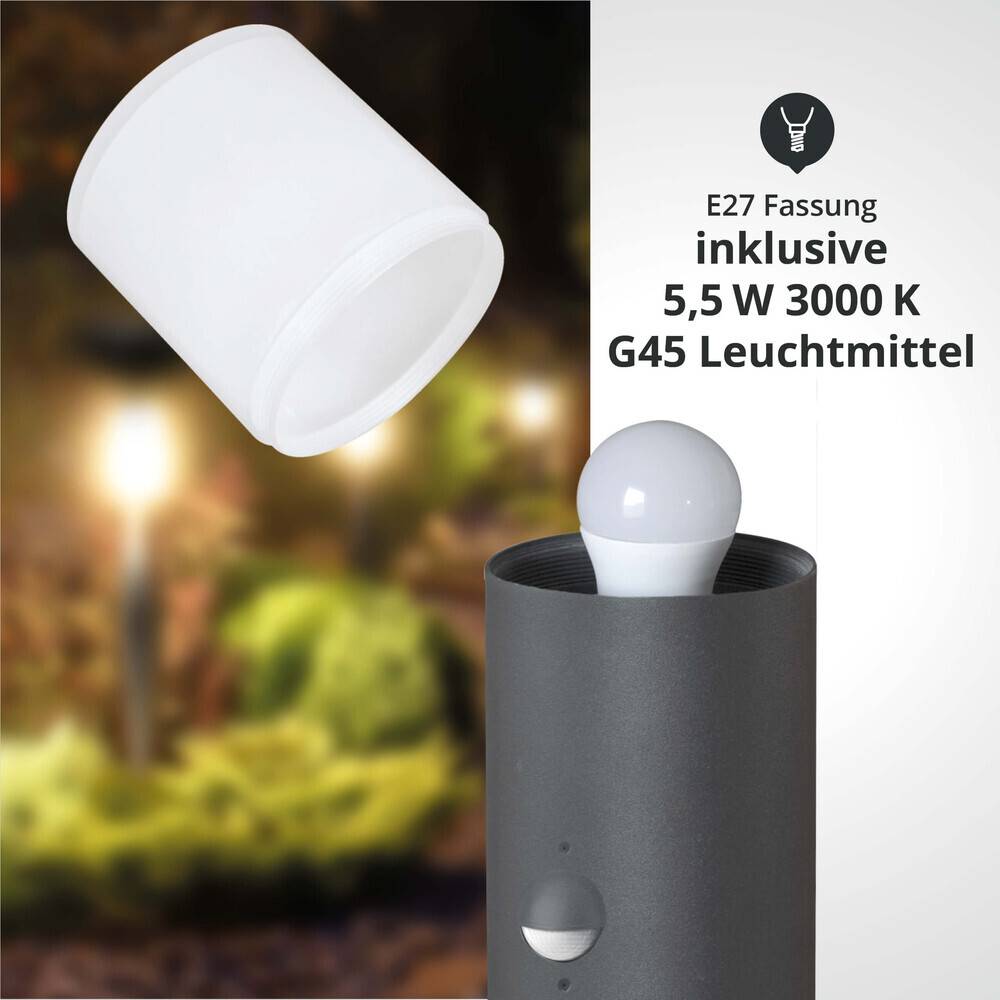 LED Universum LED Wegeleuchte rund 80cm anthrazit mit Bewegungsmelder inkl. 5,5W E27 G45 LED