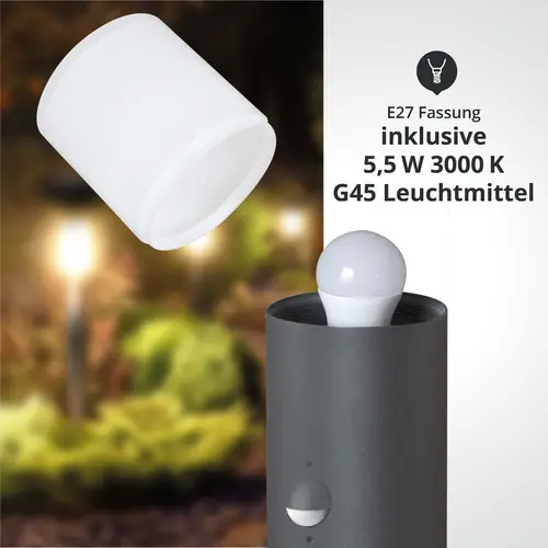 LED Wegeleuchte rund 80cm anthrazit mit Bewegungsmelder inkl. 5,5W E27 G45 LED LED Wegeleuchte rund 80cm anthrazit mit Bewegungsmelder inkl. 5,5W E27 G45 LED
