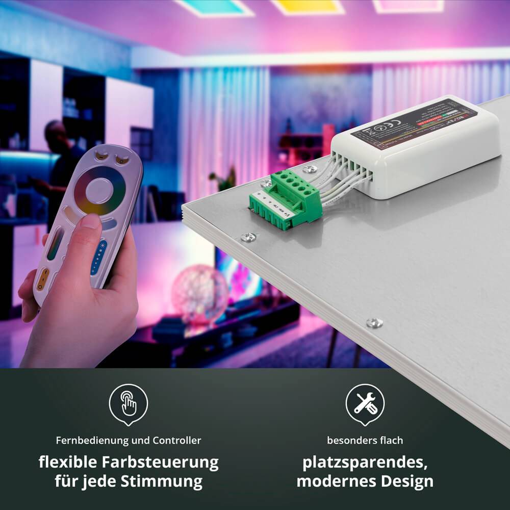 LED Panel Einlegeleuchte 30x30cm RGB+CCT 18W 2900-6000K 1600lm UGR≤22 CRI>80 L295xB295xH12mm mit Milight Controller ohne FFB