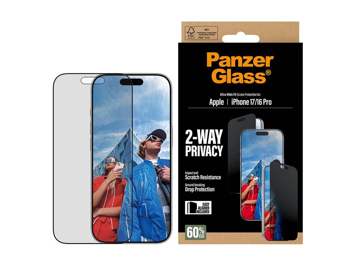 Verpackung für PanzerGlass 2-Way Privacy Displayschutz für iPhone 17/16 Pro, mit Kratz- und Stoßschutz-Vorteilen.