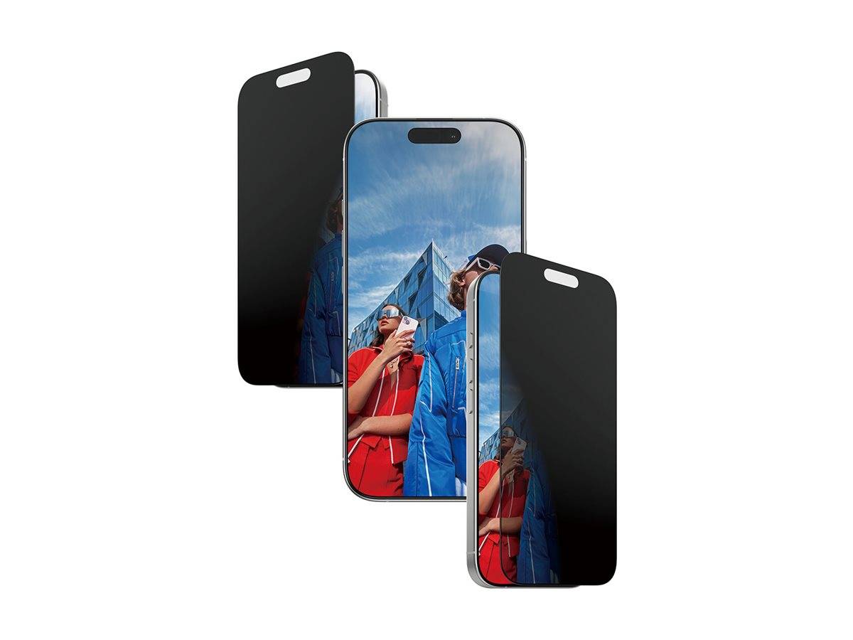 Drei Telefone zeigen ein Bild einer Person in roter Kleidung vor einem futuristischen Gebäude. Das linke Telefon zeigt einen Privatsphäre-Bildschirmeffekt.