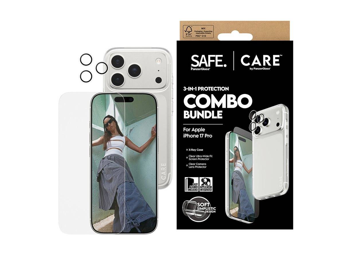 iPhone 17 Pro' Schutzhülle-Komplettpaket mit Bildschirm- und Objektivschutz. Beinhaltet Bild einer Person, die ein Telefon mit der Hülle nutzt.